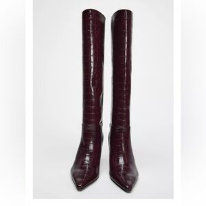 Zara Dark Red Croc-Patterned Heeled Boots